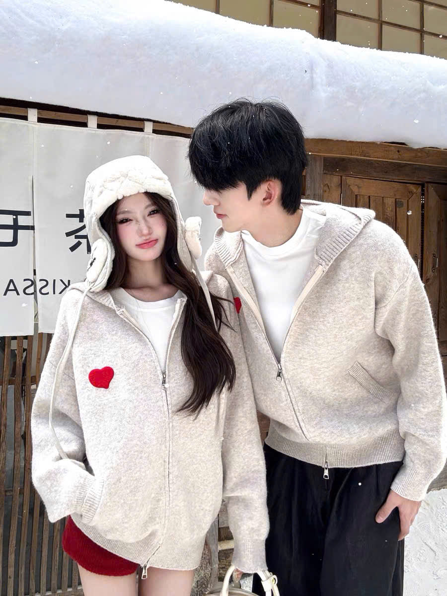 Áo hoodie zip cặp đôi xám tiêu thêu trái tim