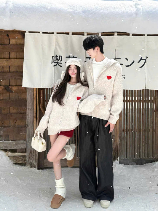 Áo hoodie zip cặp đôi xám tiêu thêu trái tim