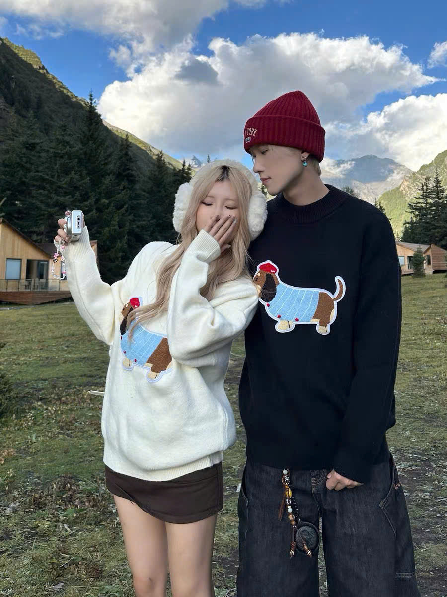 Áo sweater len cặp đôi hình cún dễ thương