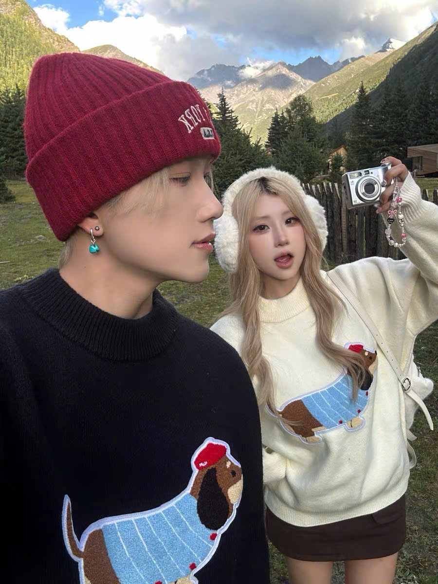 Áo sweater len cặp đôi hình cún dễ thương