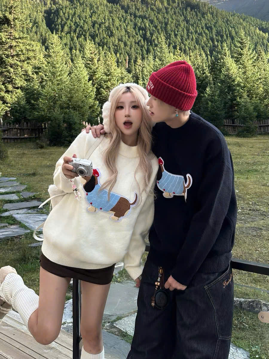 Áo sweater len cặp đôi hình cún dễ thương