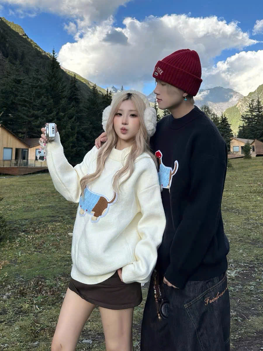 Áo sweater len cặp đôi hình cún dễ thương