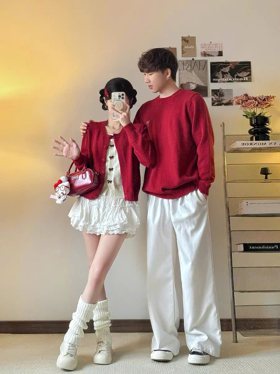 Áo len đỏ cho cặp đôi sweater nam cardigan nữ
