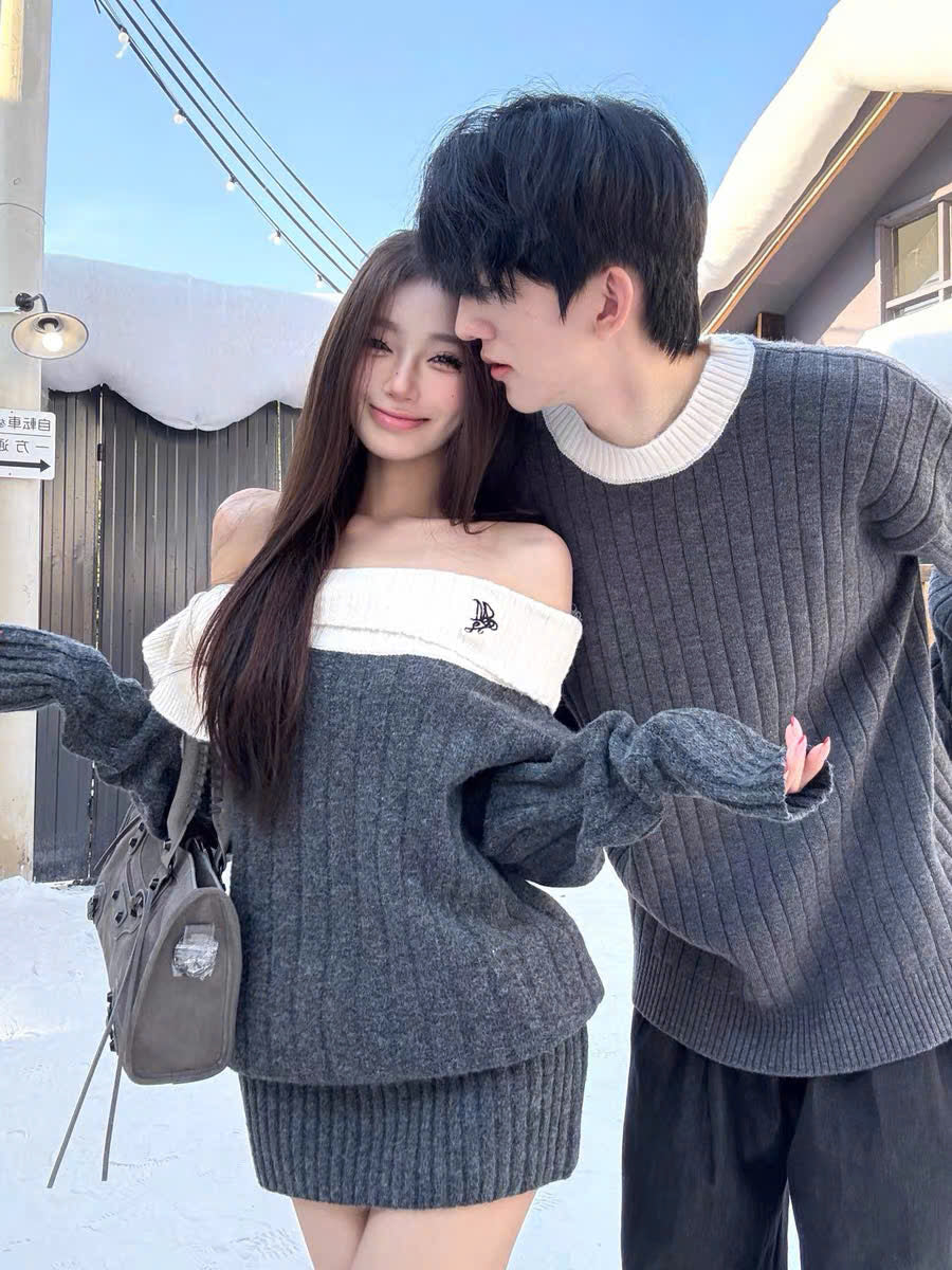 Áo len xám cho cặp đôi sweater nam váy trễ vai phối nơ nữ