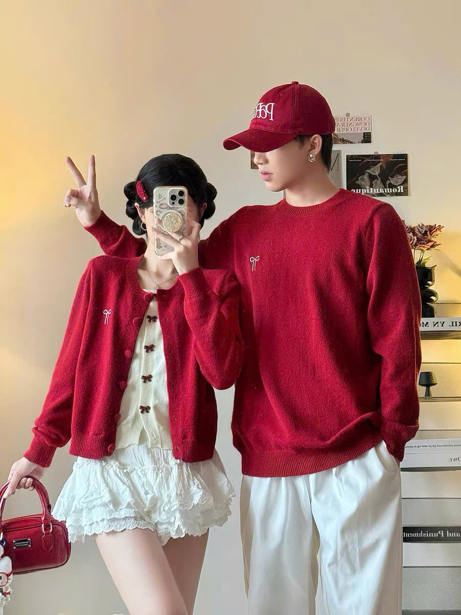 Áo len đỏ cho cặp đôi sweater nam cardigan nữ