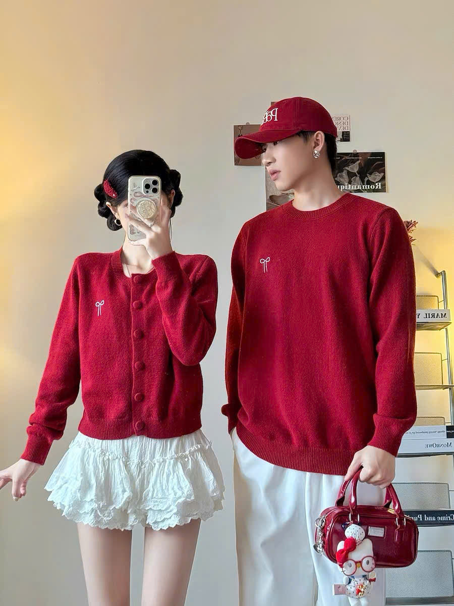 Áo len đỏ cho cặp đôi sweater nam cardigan nữ