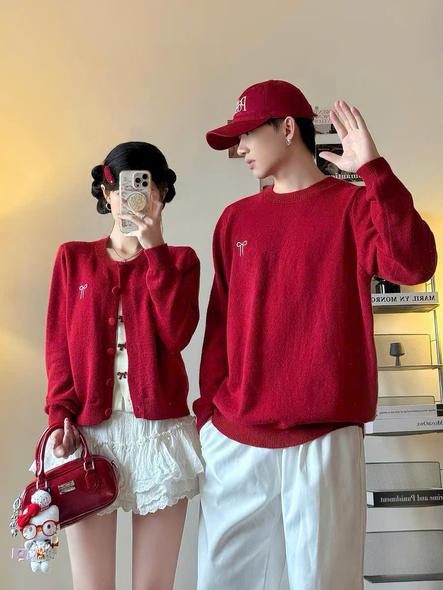 Áo len đỏ cho cặp đôi sweater nam cardigan nữ