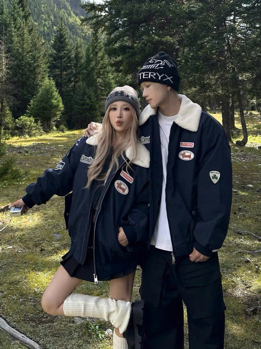 Áo khoác jacket cho cặp đôi xanh than cổ lông
