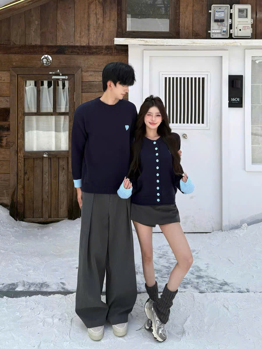 Áo len xanh than cho cặp đôi sweater nam cardigan nữ