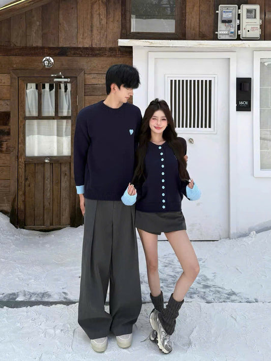 Áo len xanh than cho cặp đôi sweater nam cardigan nữ