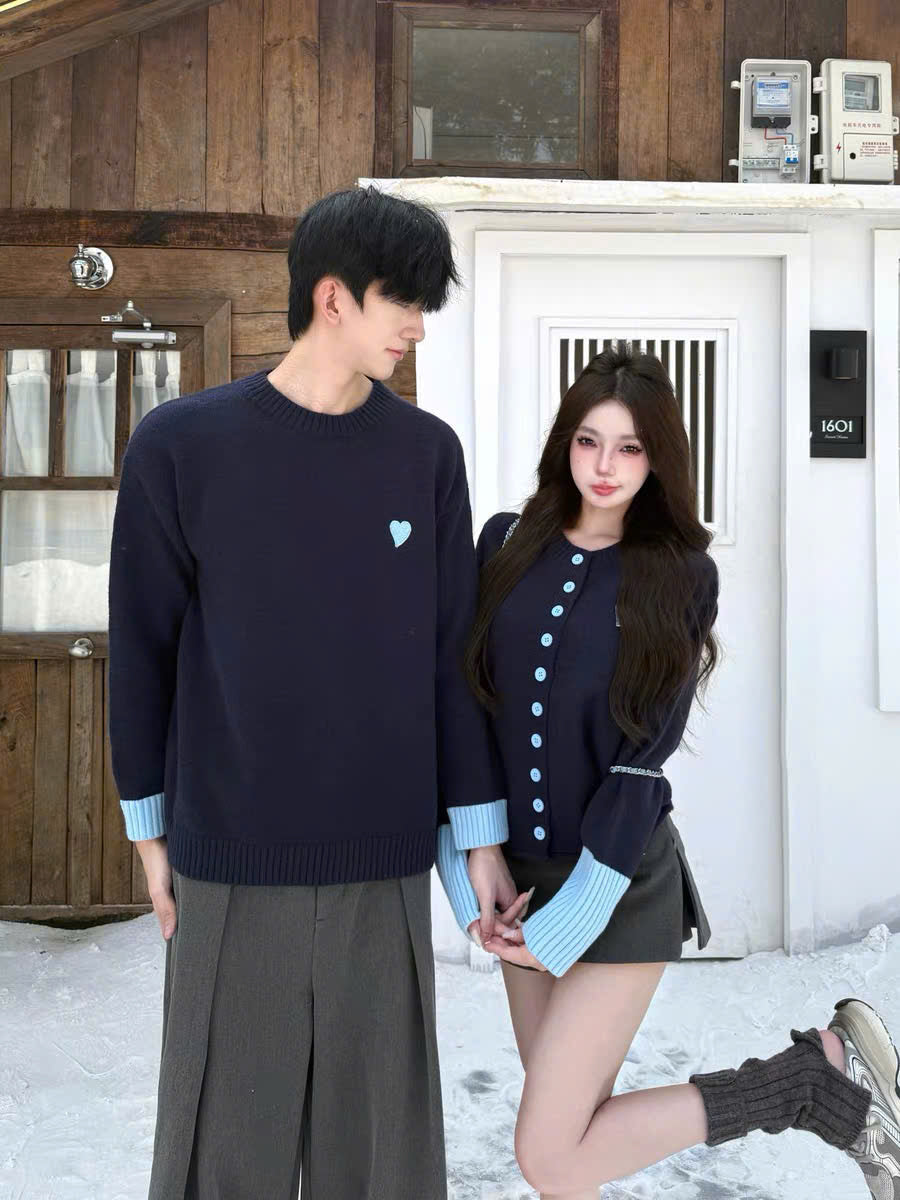 Áo len xanh than cho cặp đôi sweater nam cardigan nữ