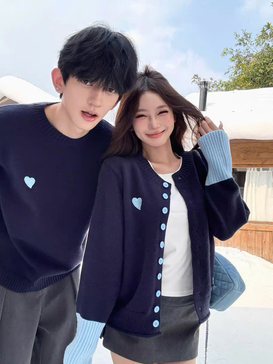 Áo len xanh than cho cặp đôi sweater nam cardigan nữ