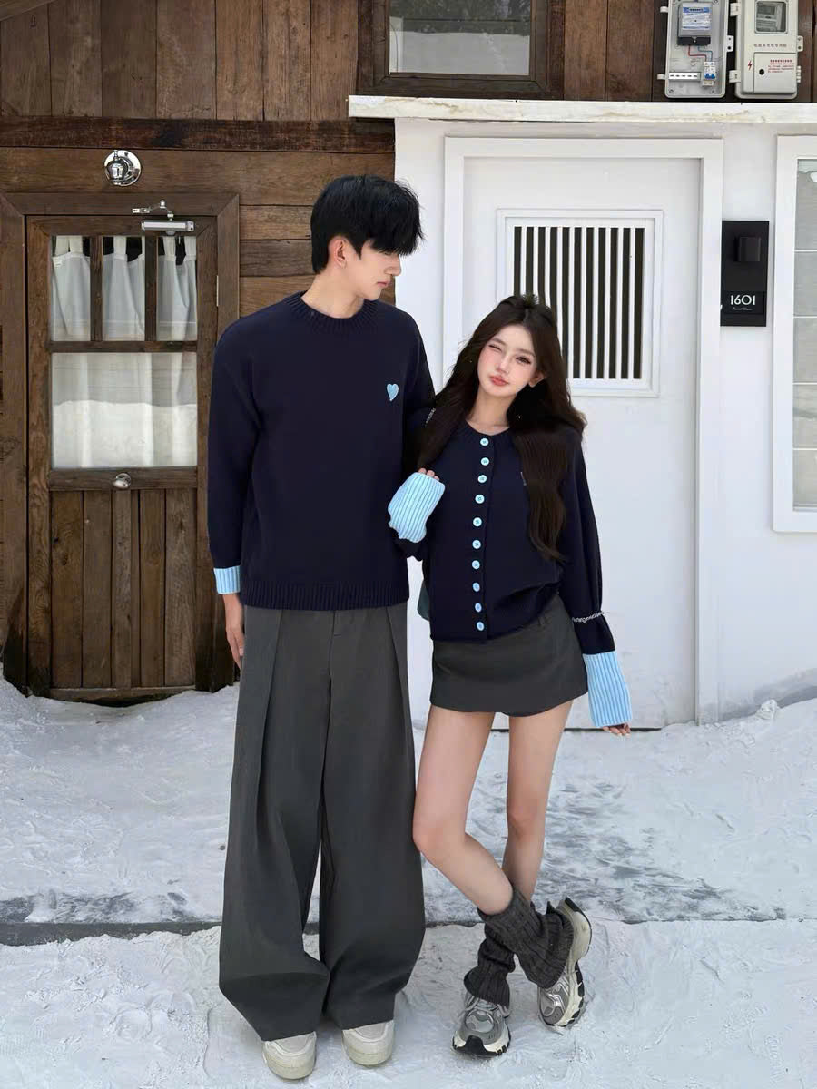 Áo len xanh than cho cặp đôi sweater nam cardigan nữ