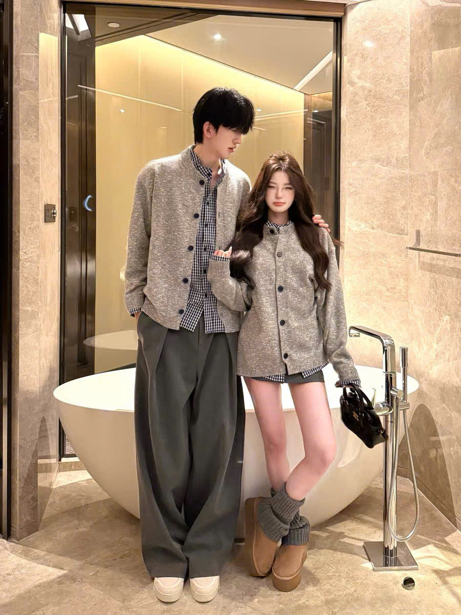 Áo khoác cardigan xám cặp đôi