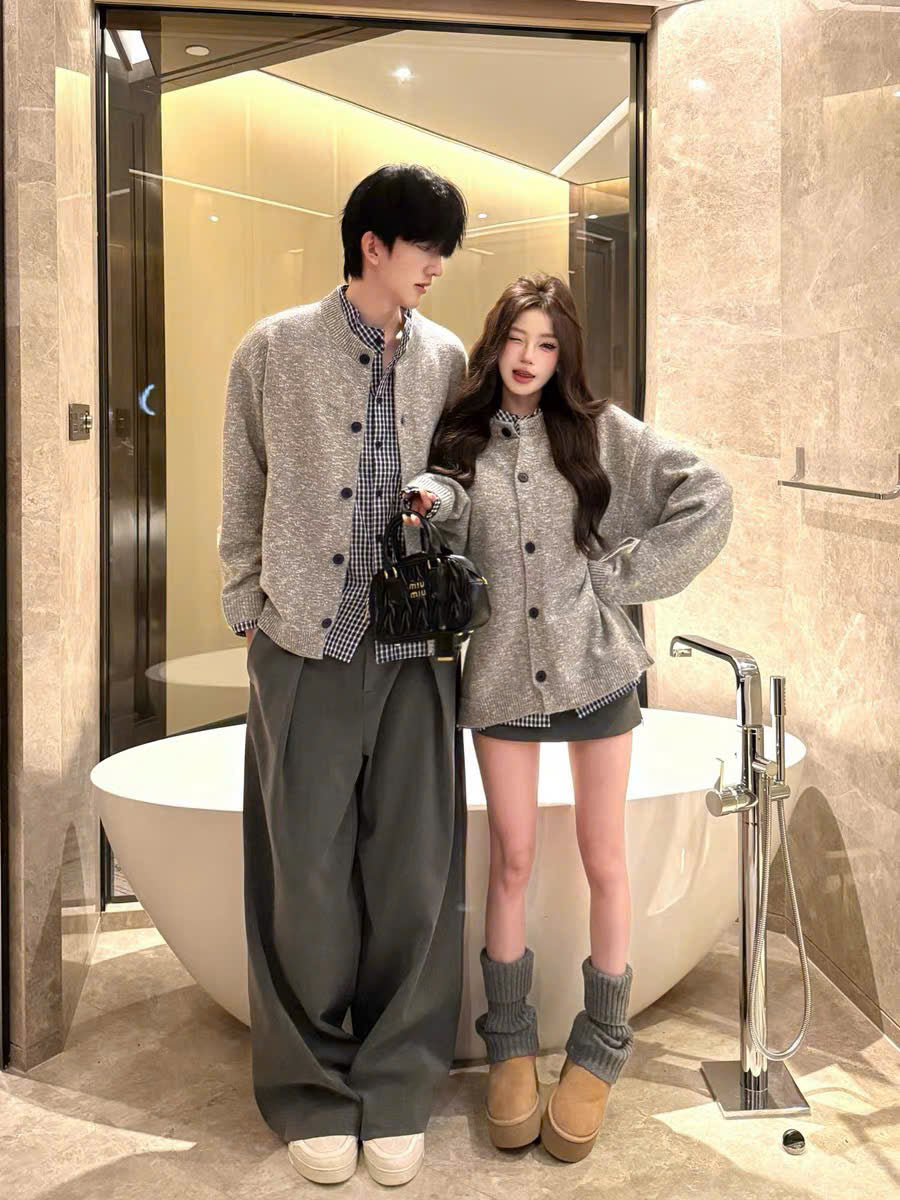 Áo khoác cardigan xám cặp đôi