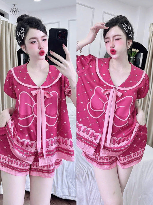 Bộ ngủ đùi lụa latin cổ sen cao cấp