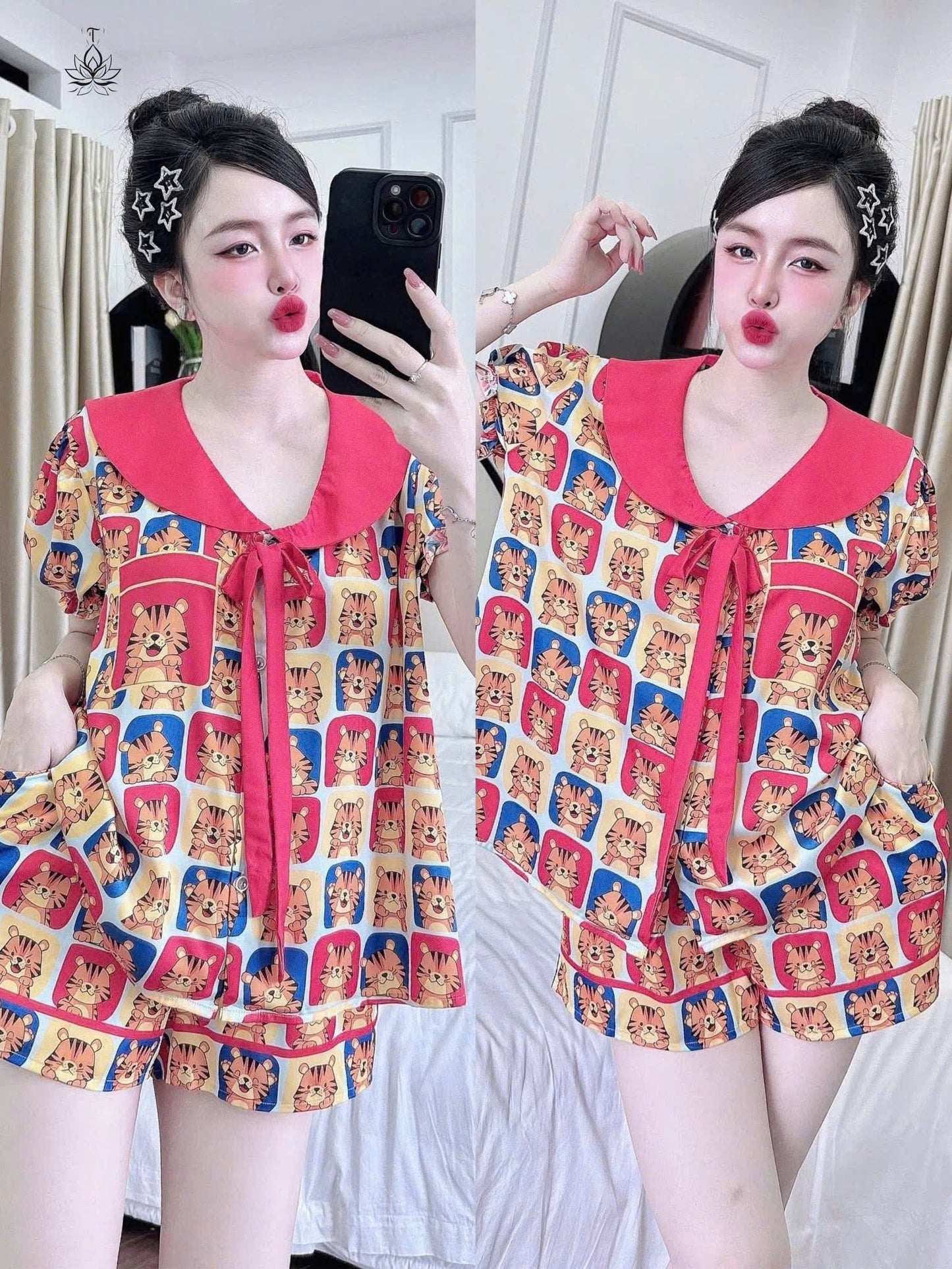 Bộ ngủ đùi lụa latin cổ sen cao cấp