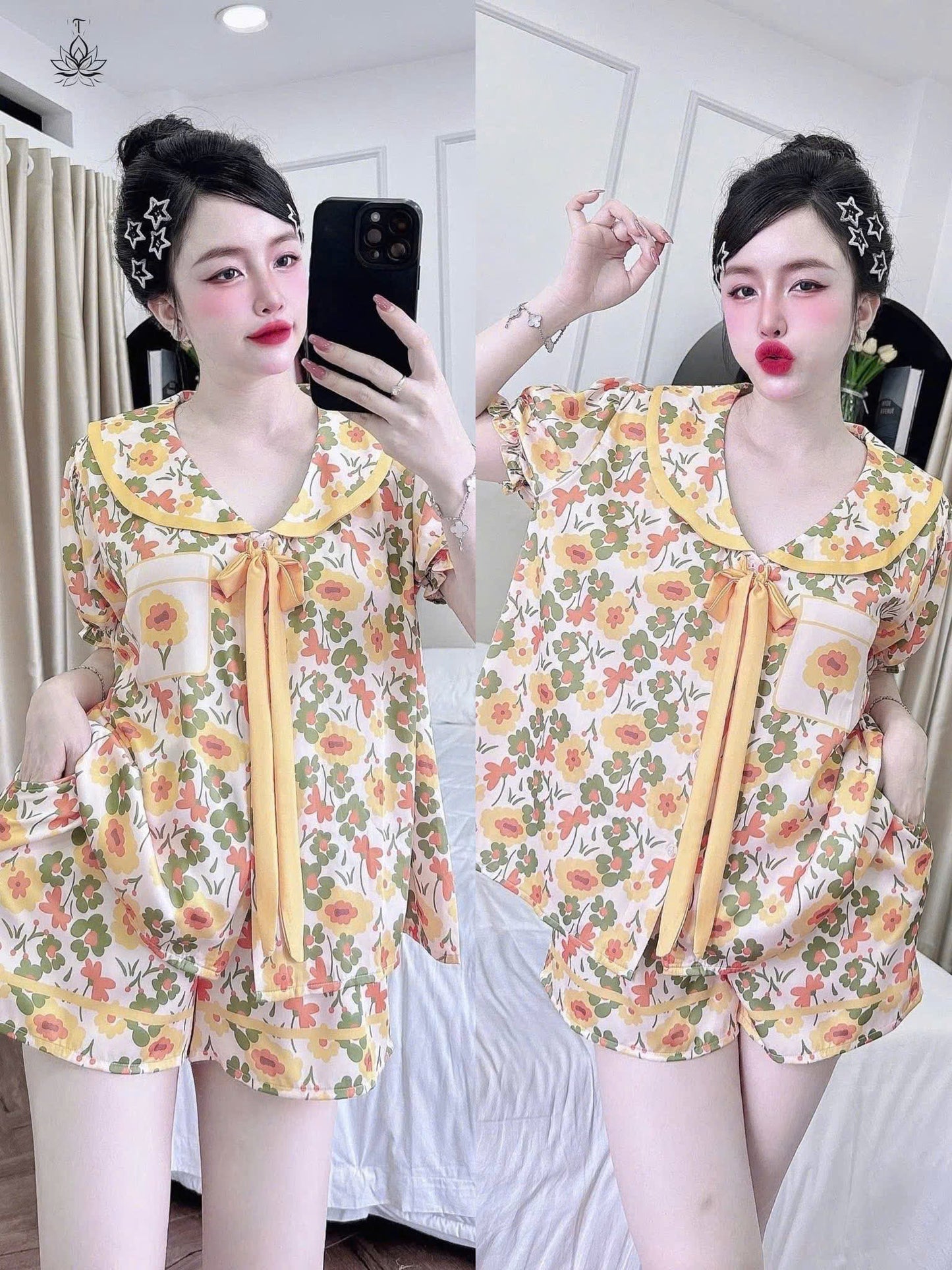 Bộ ngủ đùi lụa latin cổ sen cao cấp