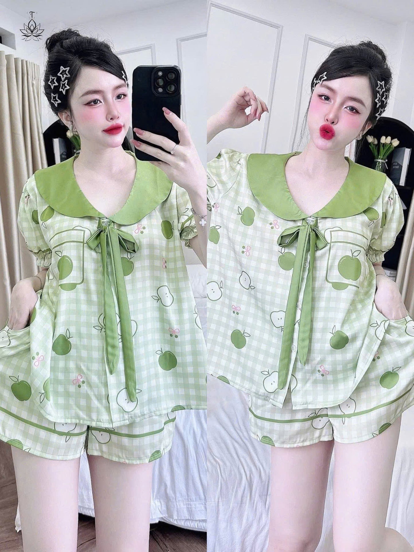 Bộ ngủ đùi lụa latin cổ sen cao cấp