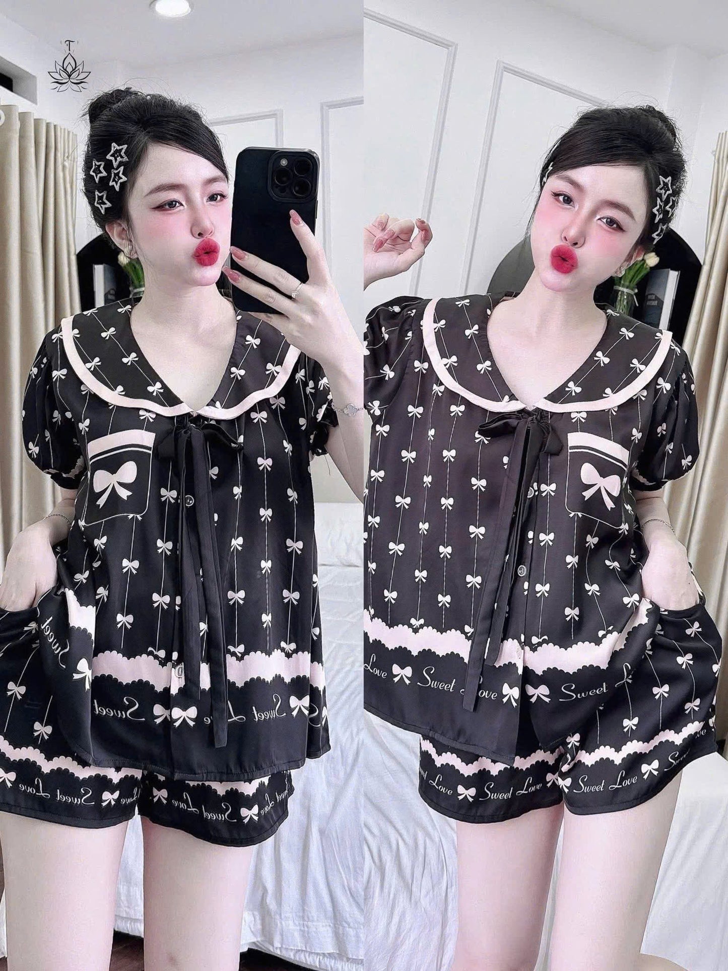 Bộ ngủ đùi lụa latin cổ sen cao cấp