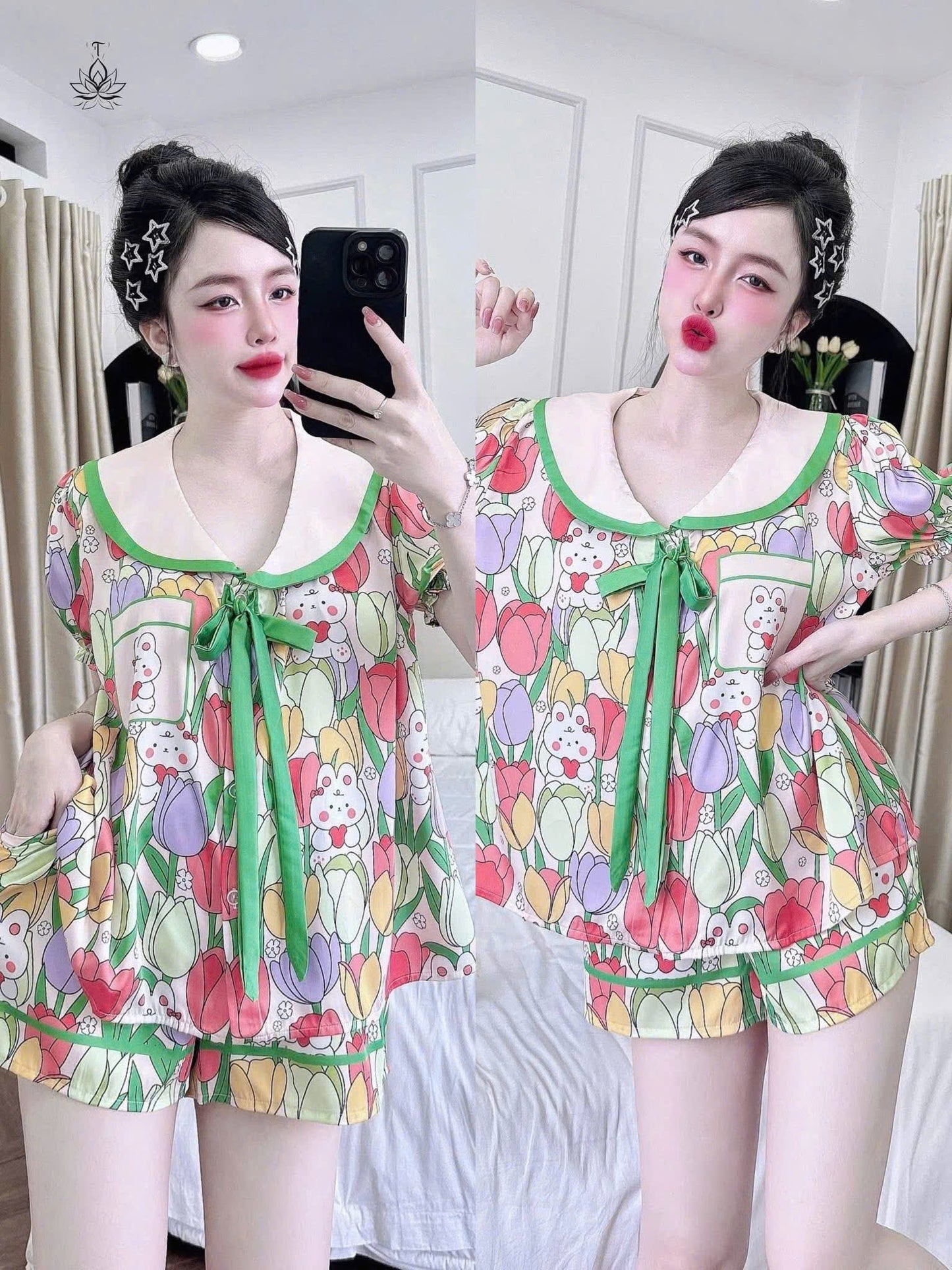 Bộ ngủ đùi lụa latin cổ sen cao cấp