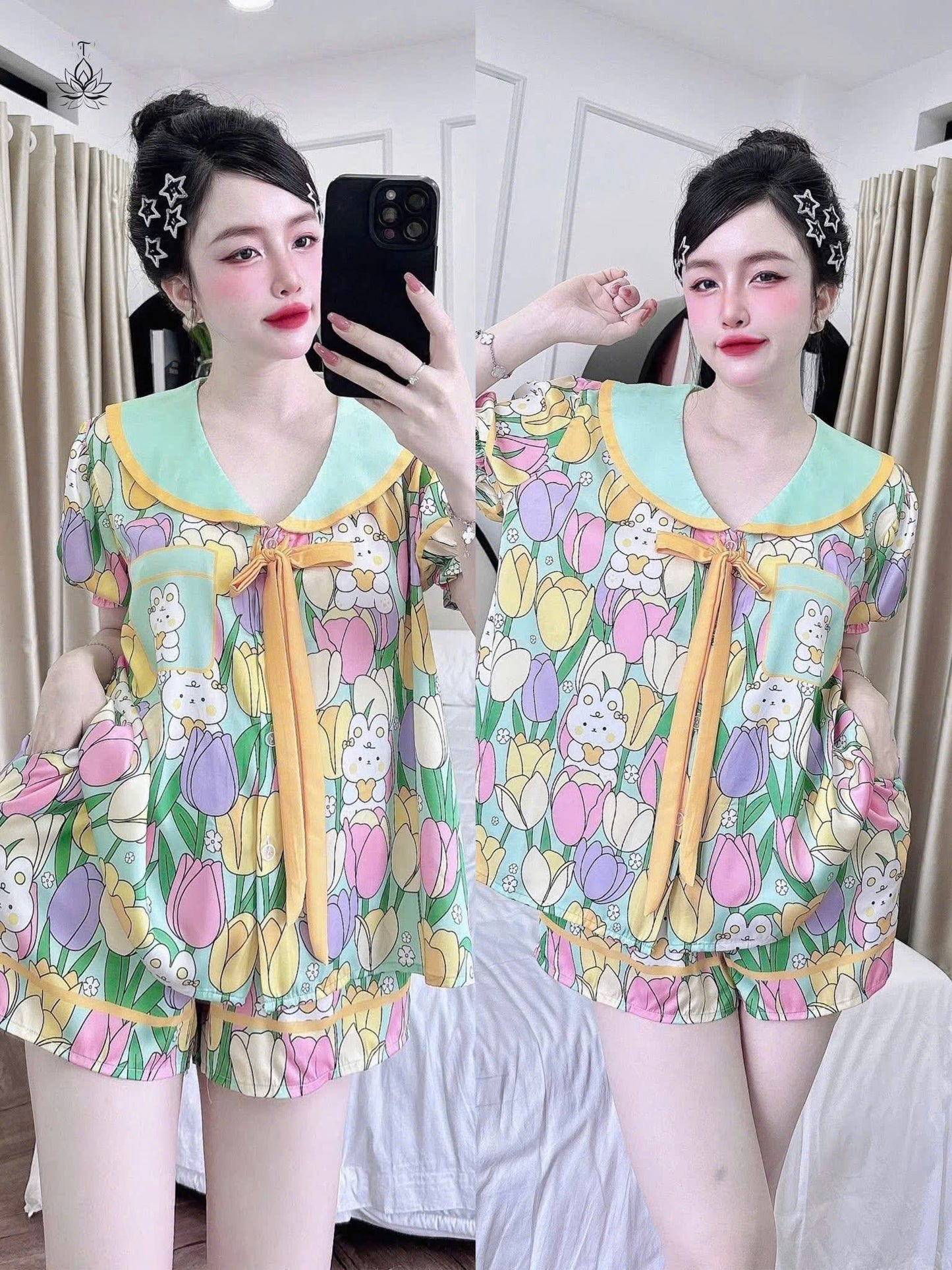 Bộ ngủ đùi lụa latin cổ sen cao cấp