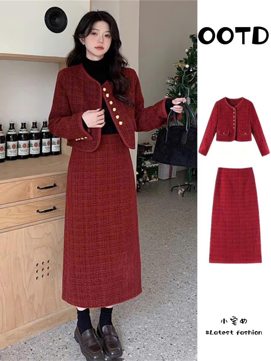 Set áo váy midi suông dạ tweed đỏ