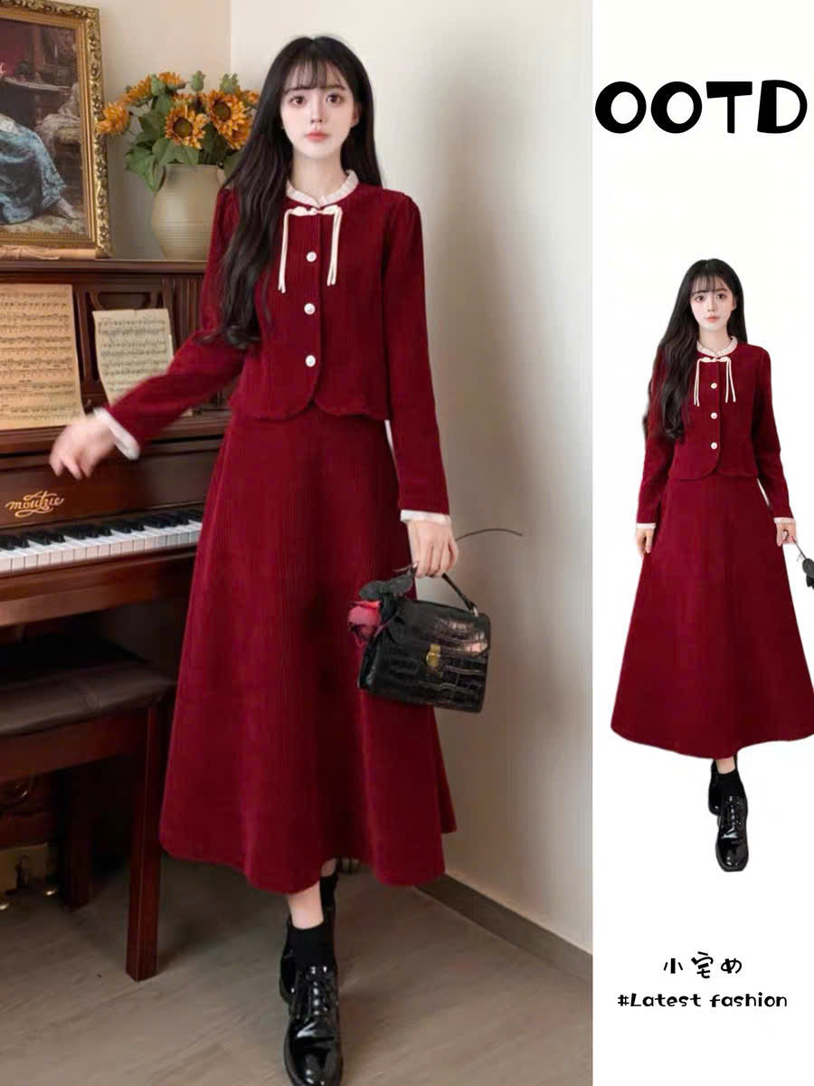 Set áo váy đỏ suông dài cổ nơ trắng