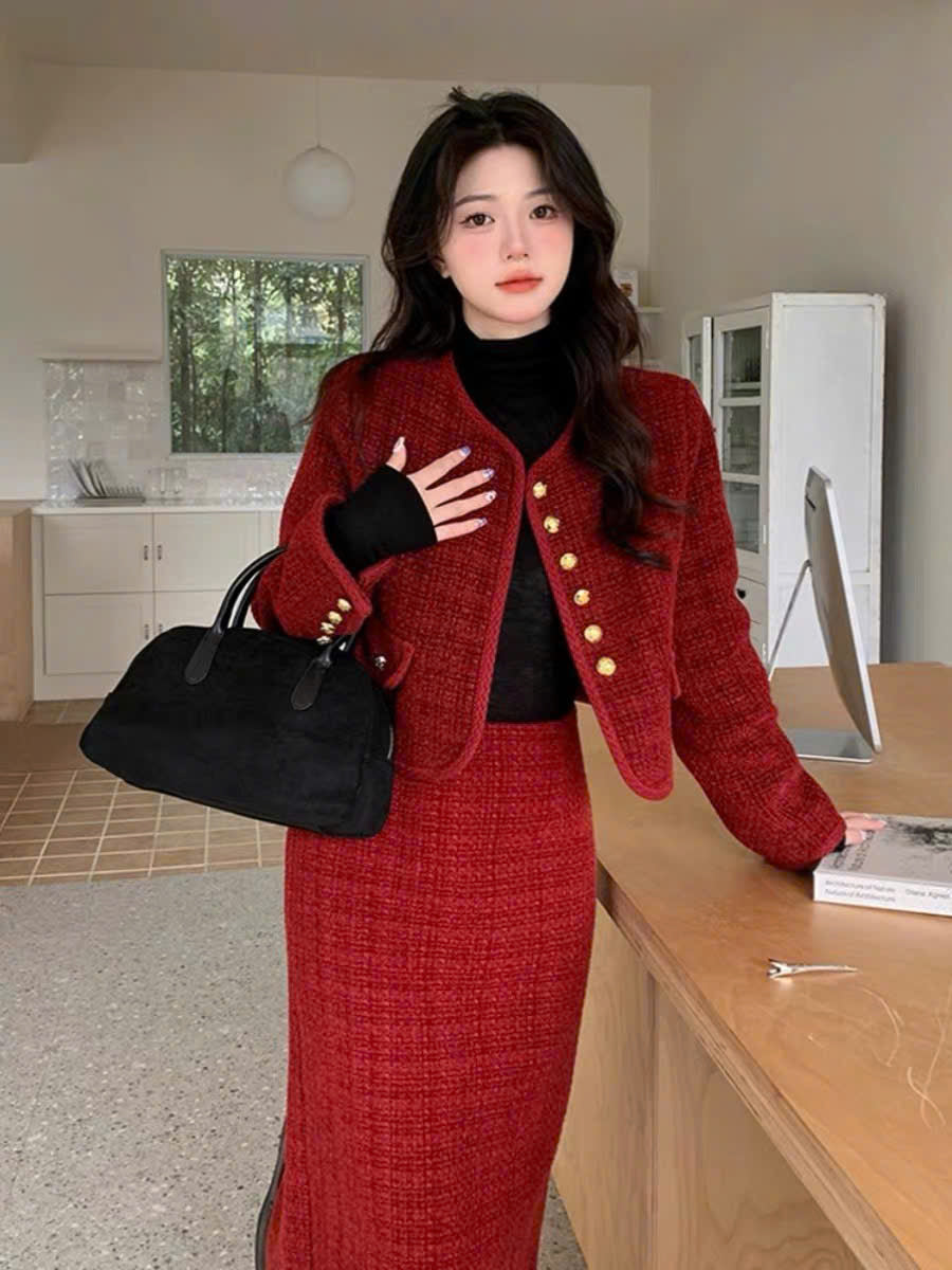 Set áo váy midi suông dạ tweed đỏ