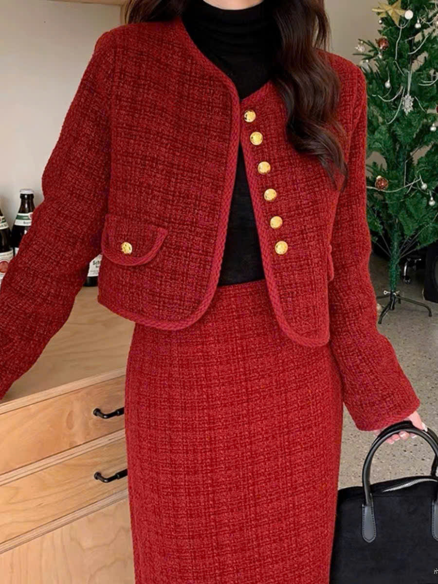 Set áo váy midi suông dạ tweed đỏ