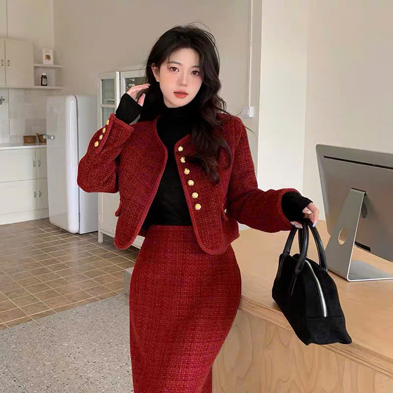 Set áo váy midi suông dạ tweed đỏ