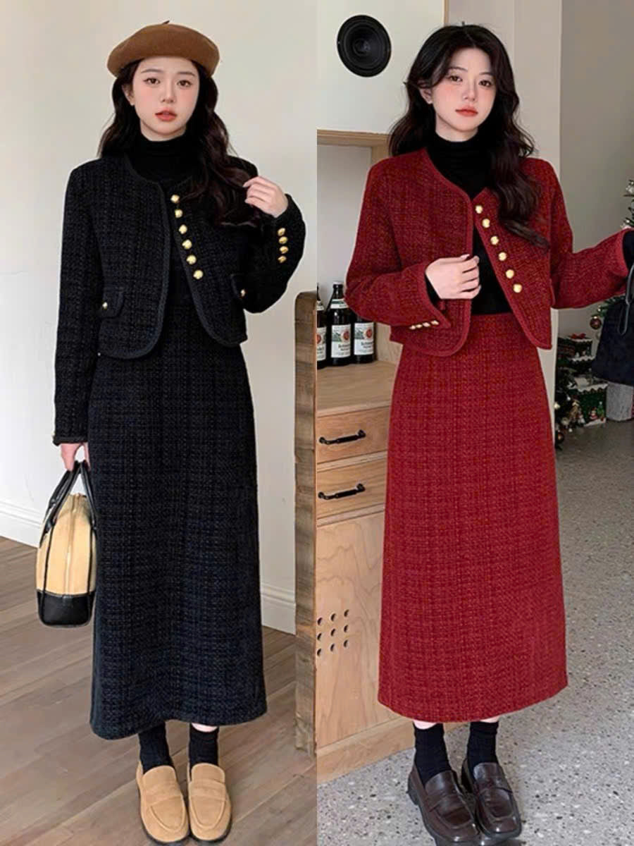 Set áo váy midi suông dạ tweed đỏ