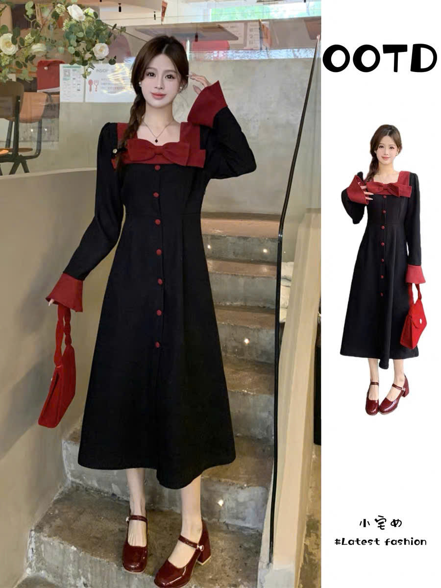 Váy suông tay dài đen cổ đỏ