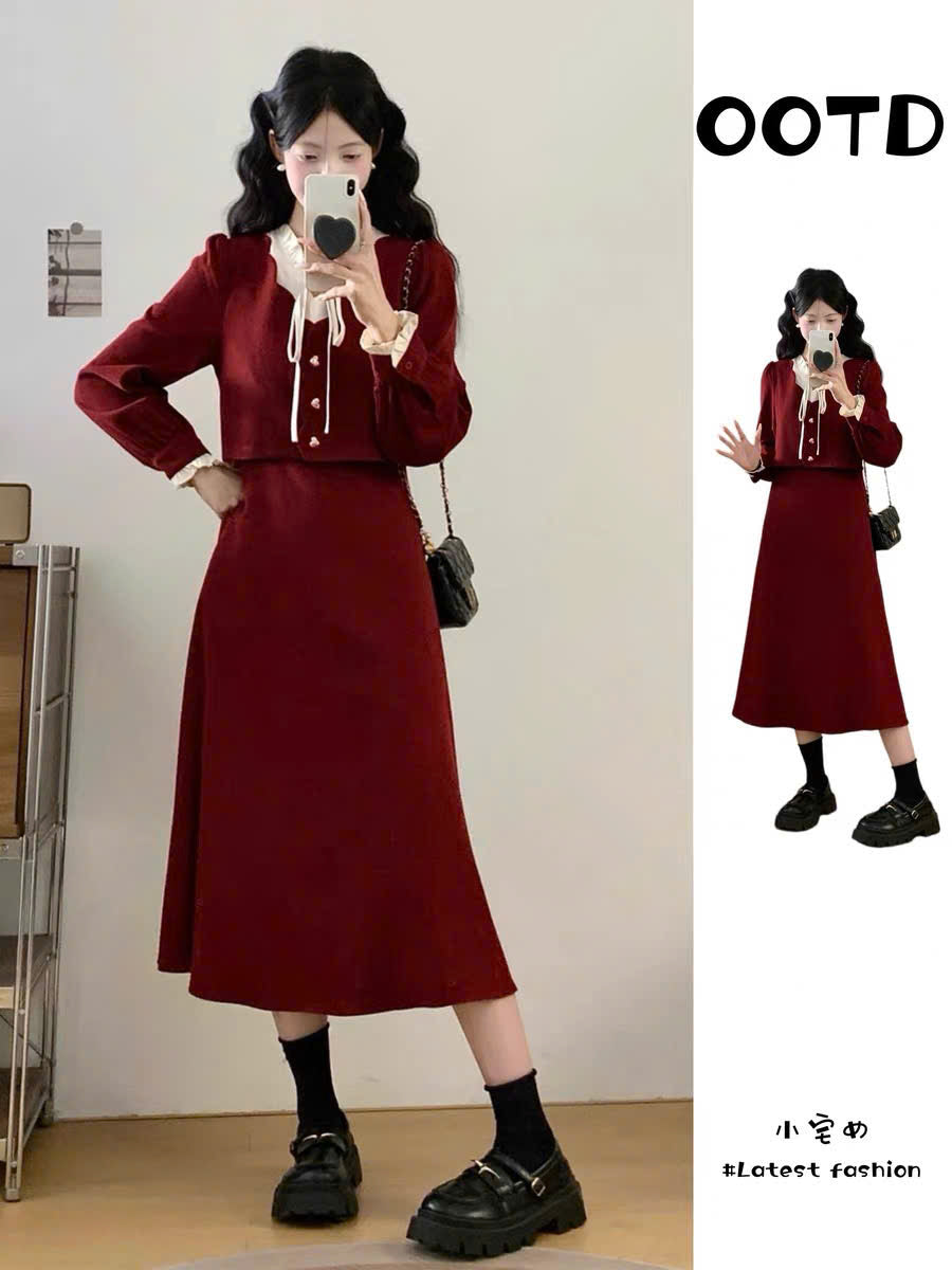 Set váy đỏ suông áo croptop tay dài cổ trắng