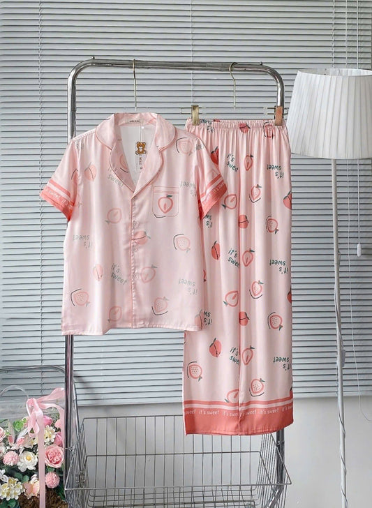 Bộ ngủ pijama tay ngắn lụa latin viền lé lụa truyền thống