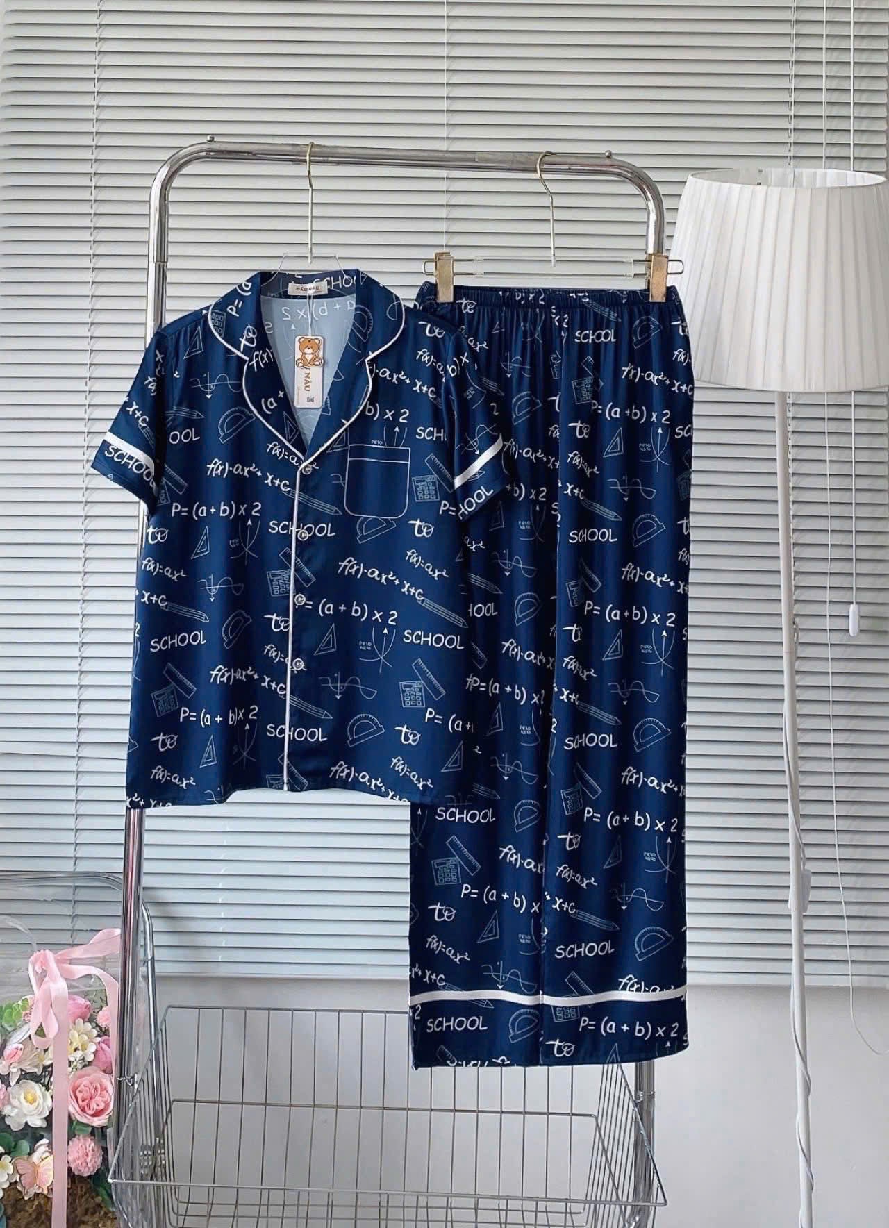 Bộ ngủ pijama tay ngắn lụa latin viền lé lụa truyền thống