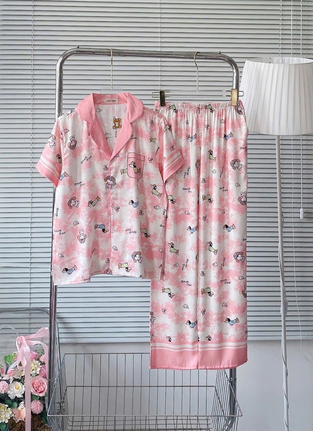 Bộ ngủ pijama tay ngắn lụa latin viền lé lụa truyền thống