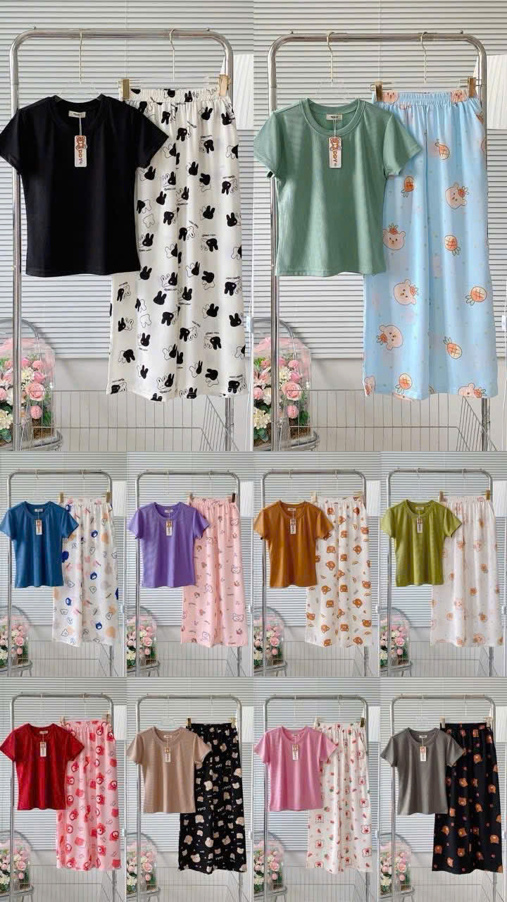 Bộ ngủ tay ngắn thun tăm phối quần Mango