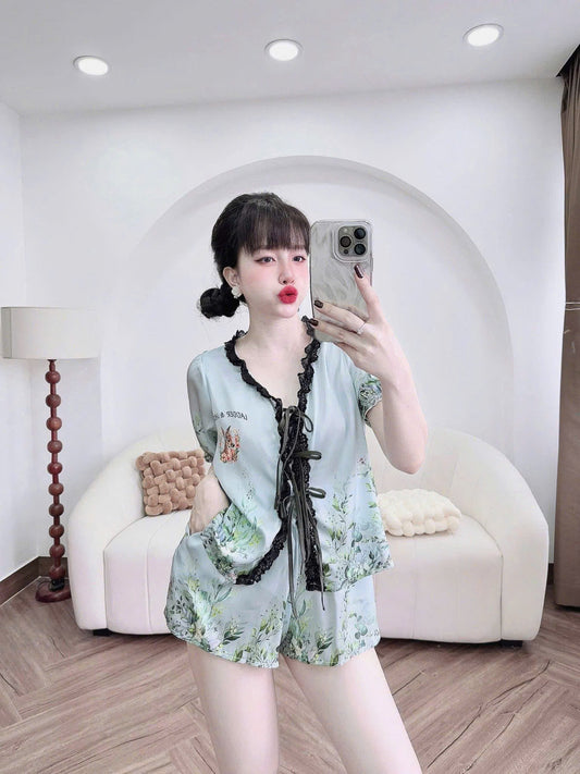 Bộ ngủ đùi tiểu thư cột nơ xinh lụa latin