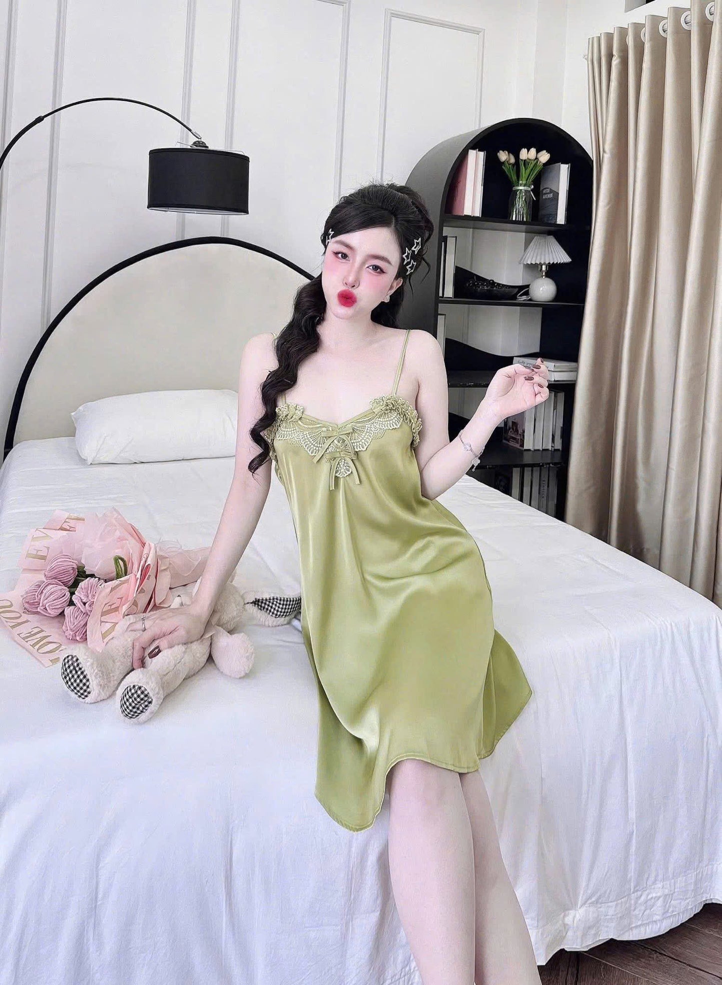 Váy ngủ 2 dây ren nhún lụa latin kèm quần