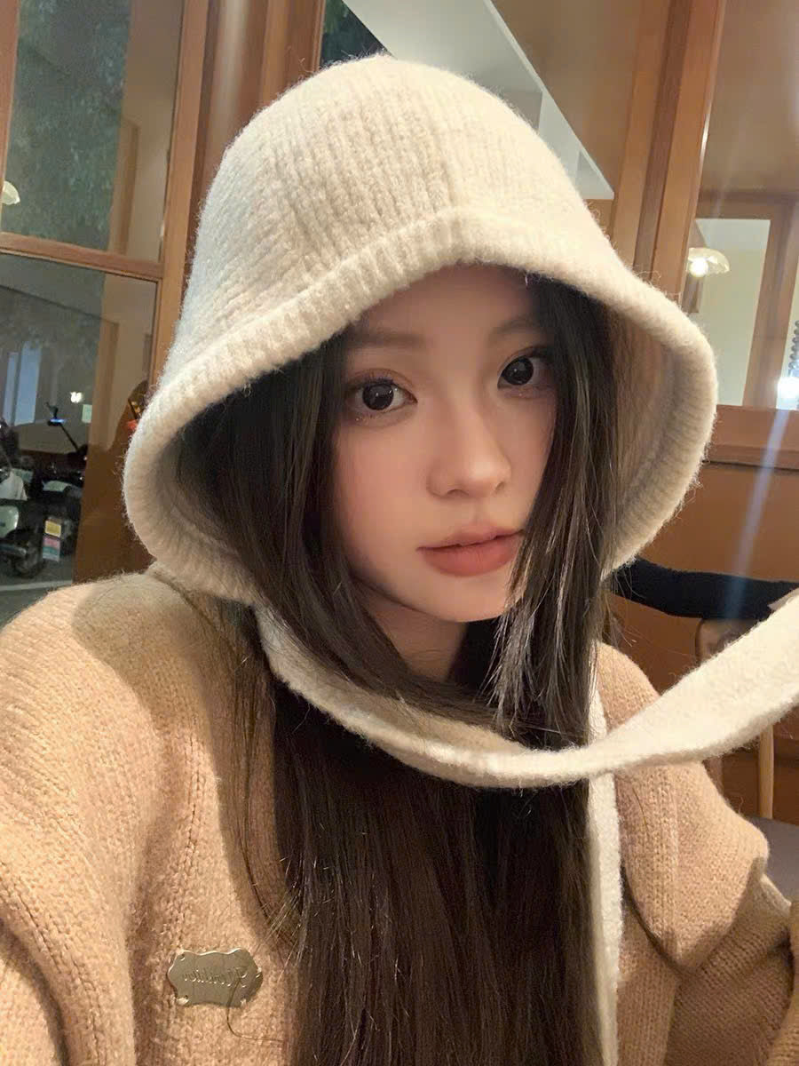 Mũ len trùm đầu cột dây nhiều màu