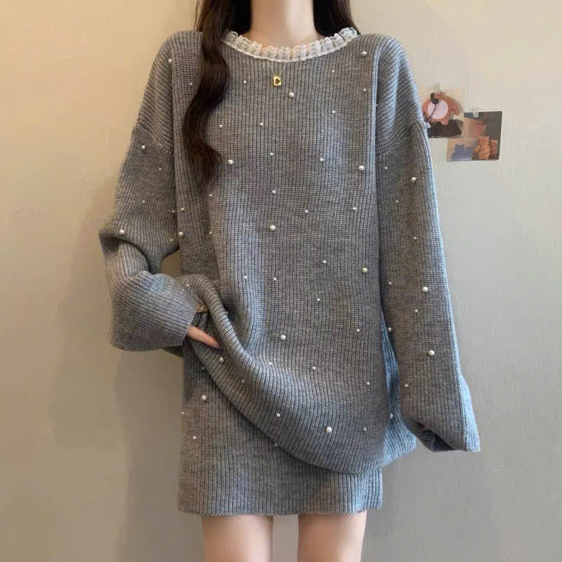 Set áo len tay dài váy ngắn đính ngọc trai cổ viền ren
