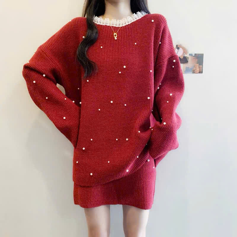 Set áo len tay dài váy ngắn đính ngọc trai cổ viền ren