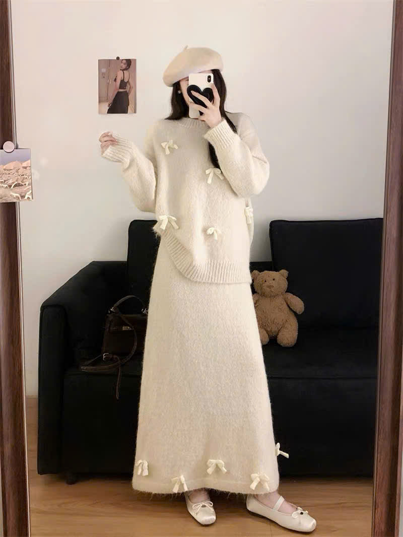 Set áo váy len dài đính nơ màu trơn mùa đông