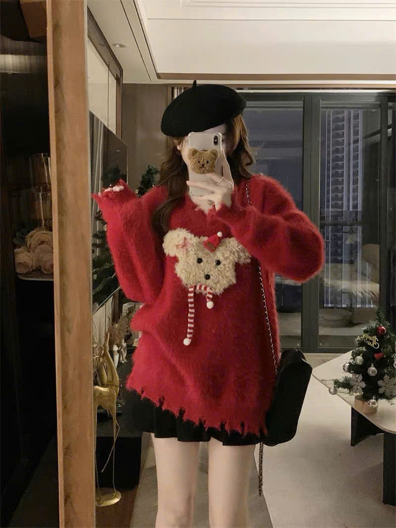 Áo sweater len hình cún giáng sinh đỏ đen
