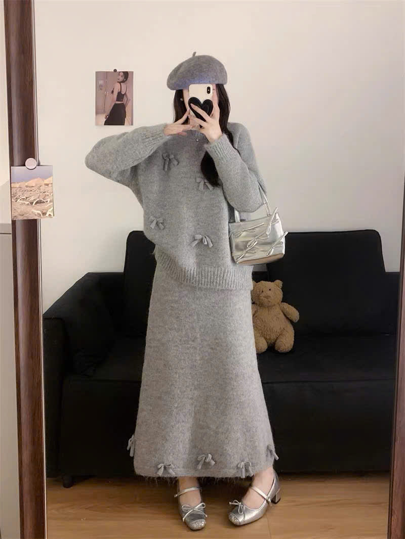 Set áo váy len dài đính nơ màu trơn mùa đông