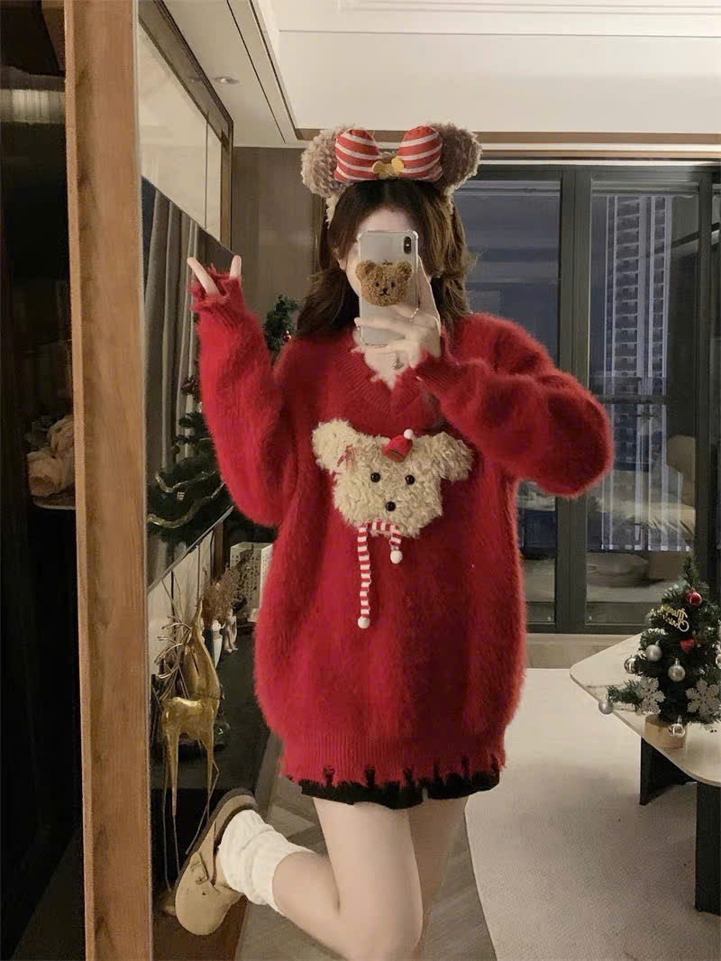 Áo sweater len hình cún giáng sinh đỏ đen