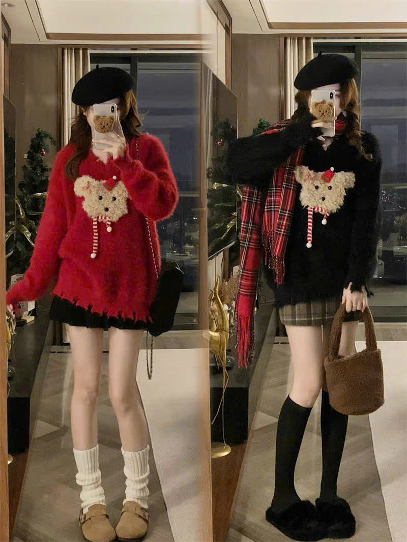 Áo sweater len hình cún giáng sinh đỏ đen