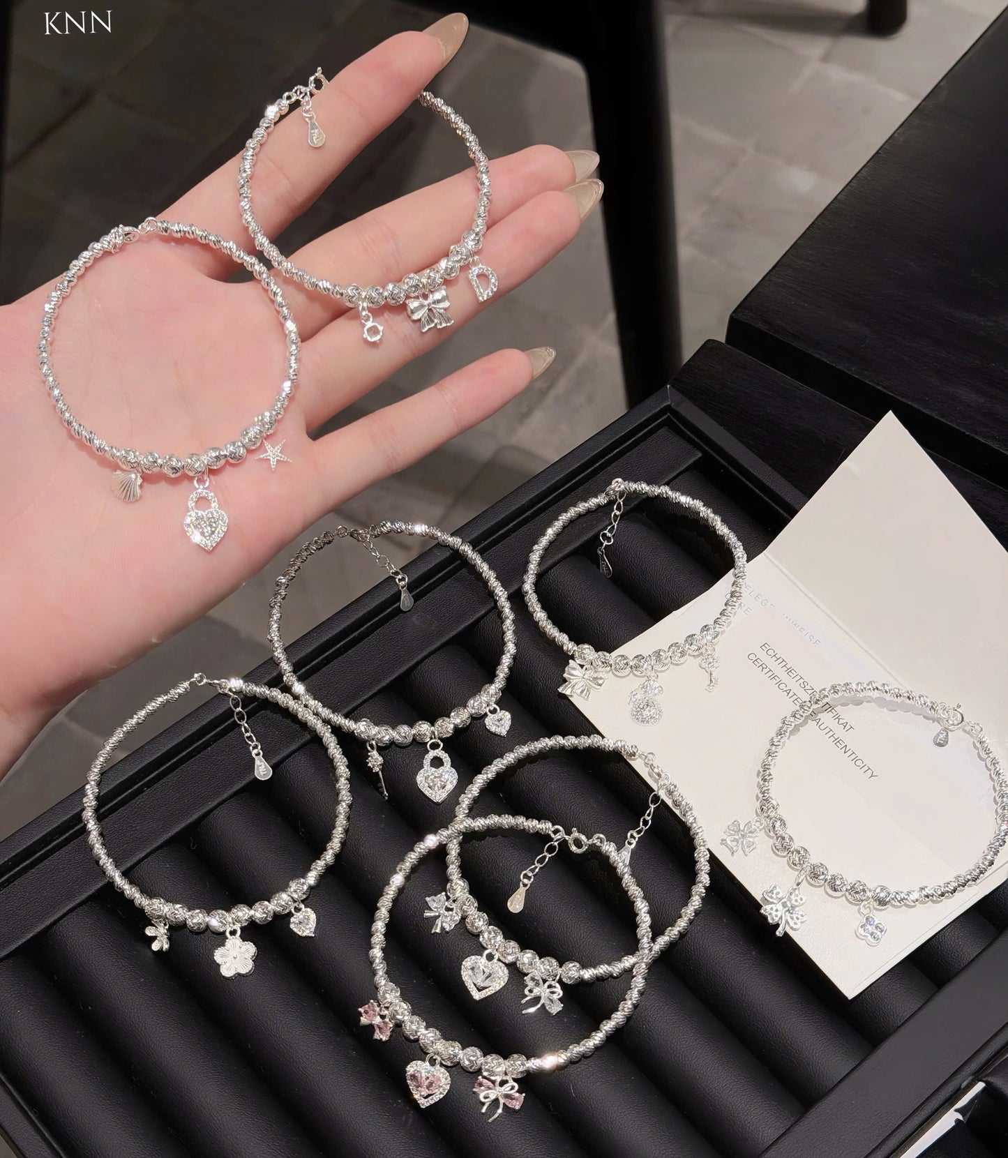 Lắc bạc nữ bi tròn phối charm xinh