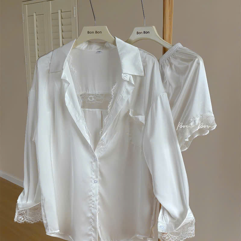 Set ngủ lụa cổ sơ mi và quần đùi phối ren sang chảnh
